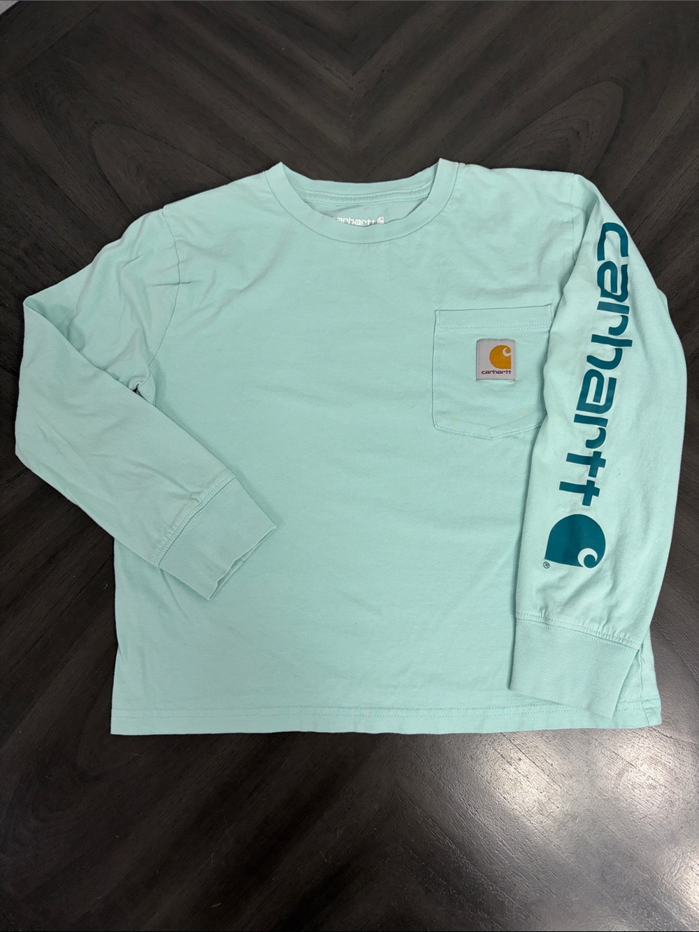Carhartt Kids Long-Sleeve Pocket Tee in Light Mint with Teal Sleeve Logo